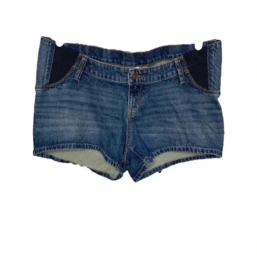 Isabel Maternity Denim Midi Short Blue Expandable Side Panels Stretch